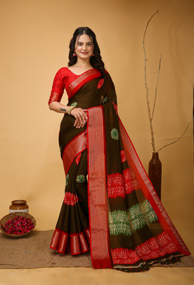 AEDYM Printed, Striped, Woven Kalamkari Cotton Silk Saree(Dark Green)