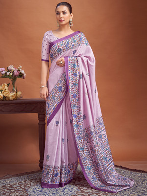Sareemall Printed Hand Batik Silk Blend Saree(Purple)