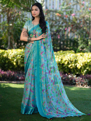 Sareemall Printed Bollywood Chiffon Saree(Light Blue)