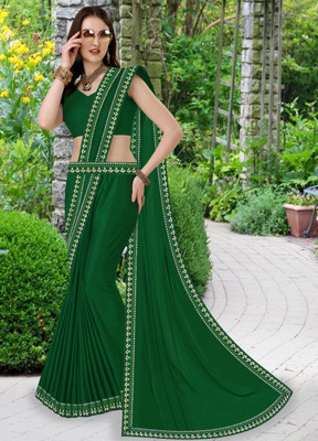 Offirra International Embroidered Banarasi Lycra Blend, Chiffon Saree(Green)
