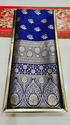 Ansari Fabrics Woven Banarasi Handloom Satin Saree(Dark Blue)