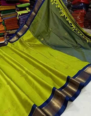 Shruti Bandhani Woven Paithani Cotton Silk Saree(Light Green, Blue)