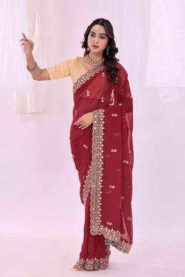 VKARAN Embroidered Saree with Attached Blouse Georgette Saree(Maroon)