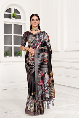 Mugdarra Floral Print Daily Wear Cotton Silk Saree(Black)