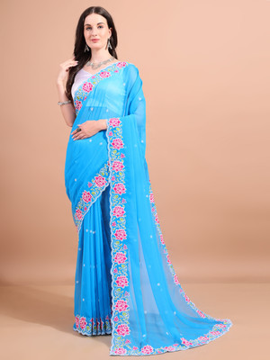SIZU Embroidered Daily Wear Georgette Saree(Blue)