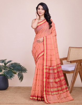 Samah Woven, Embellished, Striped Kota Doria Silk Blend Saree(Pink, Maroon)