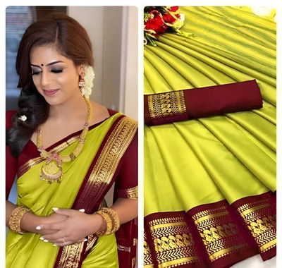 FashionZonee Embellished Banarasi Cotton Silk Saree(Red)