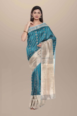 Riwayat Color Block, Woven, Striped Kanjivaram Silk Blend Saree(Green)