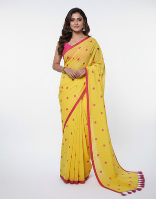 MISHABOUTIQUE Embroidered, Solid/Plain Handloom Mulmul Saree(Green)