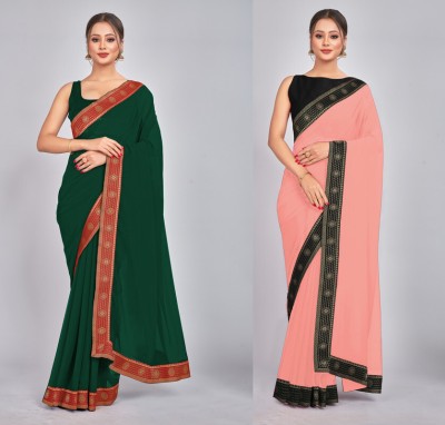 CastilloFab Embroidered Daily Wear Georgette Saree(Pack of 2, Green, Orange)