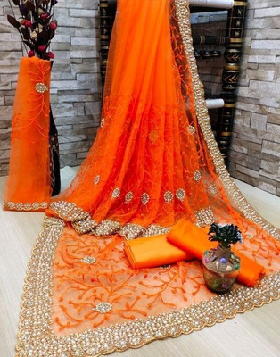 ZIVANTIX Embroidered, Embellished Bollywood Net Saree(Orange)