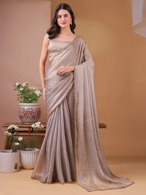 OMICRON FAB Solid/Plain Bollywood Chiffon Saree(Beige)
