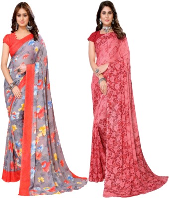 YASHIKA Floral Print Daily Wear Georgette Saree(Pack of 2, Red, Pink)