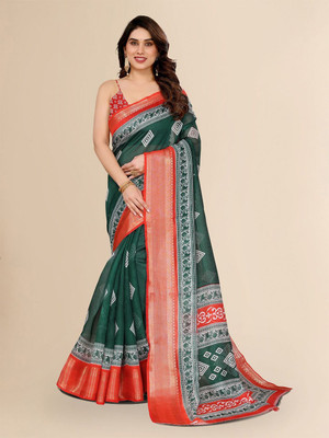 Moda Rapido Printed Bollywood Cotton Blend Saree(Green)