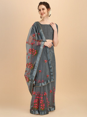 ALAGINI Embroidered Bollywood Net Saree(Grey)