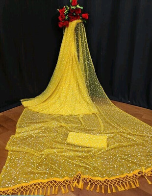 TECHNO WORLD Self Design Bollywood Net Saree(Yellow)