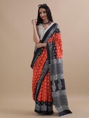 Jaipur Kurti Printed Daily Wear Pure Cotton Saree(Orange)