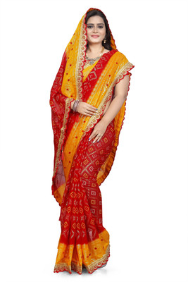 VRUNDA FASHION Embroidered, Self Design Bandhani Georgette Saree(Yellow)