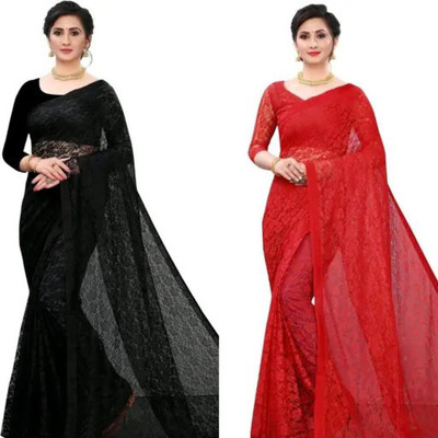 Vragi Dyed, Woven Bollywood Net Saree(Pack of 2, Black, Red)