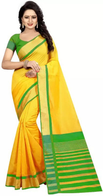 ngea Self Design Handloom Cotton Blend Saree(Green)