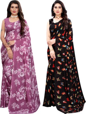 SIRIL Floral Print, Geometric Print, Printed Bollywood Georgette Saree(Pack of 2, Purple, Black)