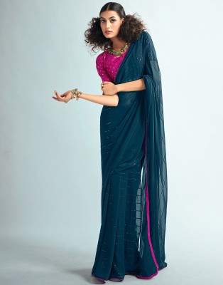 Samah Woven, Embellished Bollywood Georgette Saree(Blue)