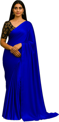 LOKAVANYA Solid/Plain Bollywood Satin Saree(Dark Blue)