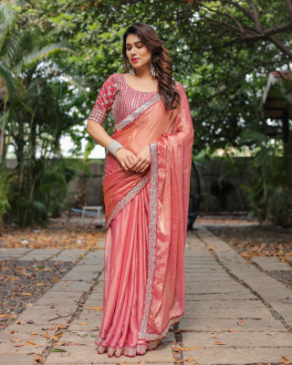 AEDYM Self Design, Woven, Embellished Bollywood Chiffon Saree(Pink)