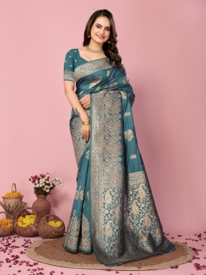 bal krishna Applique Banarasi Cotton Silk Saree(Blue)