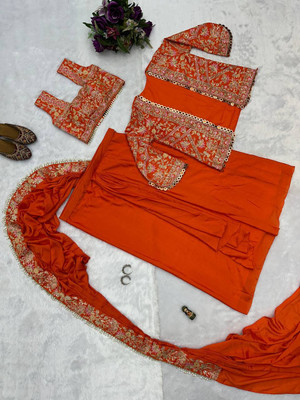 ZIBLON Embroidered, Self Design, Applique Pre Draped Saree Chiffon Saree(Orange)