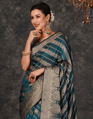 Samah Woven, Embellished, Self Design Banarasi Silk Blend, Jacquard Saree(Blue, Gold)