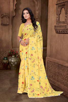 HIYAMI Floral Print Bollywood Georgette Saree(Yellow)