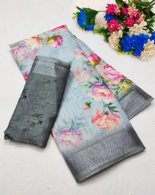 Myraani Floral Print Bollywood Cotton Linen, Cotton Silk Saree(Multicolor)