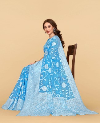 linza Woven Jamdani Cotton Linen Saree(Light Blue)