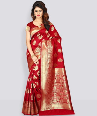Shoppershopee Woven Kanjivaram Silk Blend Saree(Red)