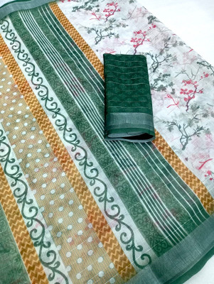PRTRENDZ Printed Kanjivaram Linen, Cotton Linen Saree(Green)