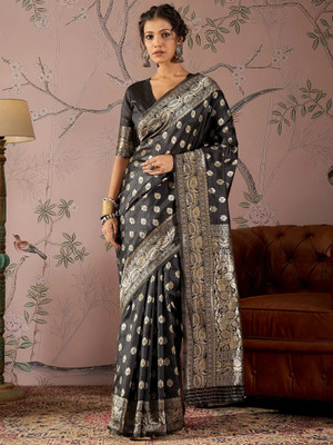 Vichitra Woven Banarasi Cotton Silk, Jacquard Saree(Black)