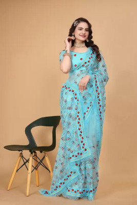 Julee Embroidered Bollywood Net Saree(Light Blue)