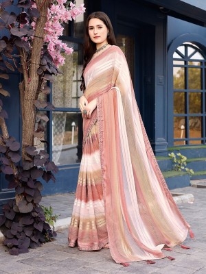 Sanjana Silks Striped Bollywood Chiffon Saree(Orange, White)