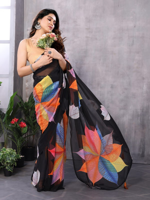 Divastri Floral Print Bollywood Georgette Saree(Black, Multicolor)