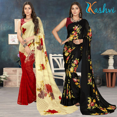 kashvi sarees Floral Print Daily Wear Georgette Saree(Pack of 2, Pink, Beige, Multicolor)