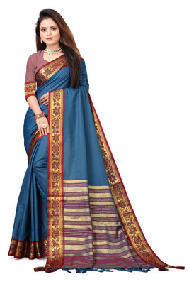 SHREE NATH CREATION Self Design, Solid/Plain Banarasi Cotton Silk, Silk Blend Saree(Dark Blue)