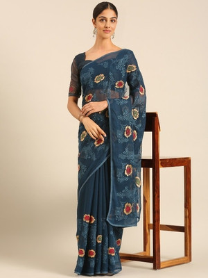 Vamika Trends 1.0 Embroidered, Floral Print Bollywood Chiffon Saree(Pack of 2, Dark Blue)