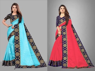 ONTIC LIFESTYLE Self Design Assam Silk Art Silk Saree(Pack of 2, Blue, Red)