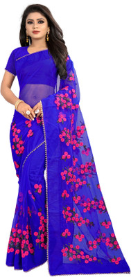RADHE ENTERPRISE Embroidered Bollywood Net Saree(Dark Blue)