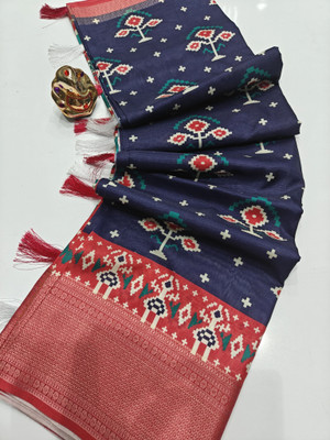 J6 Designers Printed Hand Batik Cotton Silk Saree(Dark Blue)