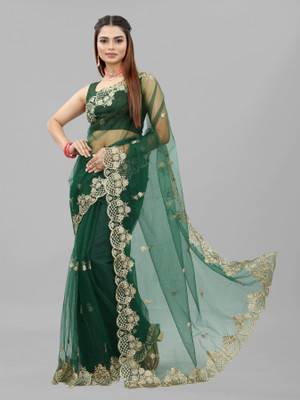 Yashakti Designer Embroidered Bollywood Net Saree(Dark Green)