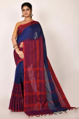 Bhadra Self Design Handloom Pure Cotton Saree(Blue, Red)