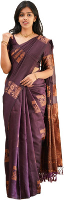 The Style Sanctuary Woven, Floral Print, Geometric Print, Solid/Plain Banarasi Silk Blend Saree(Blue)