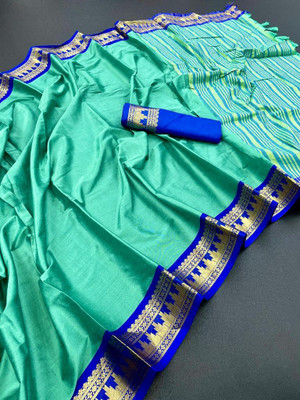 Paramparik Textile Temple Border Banarasi Pure Silk Saree(Blue)